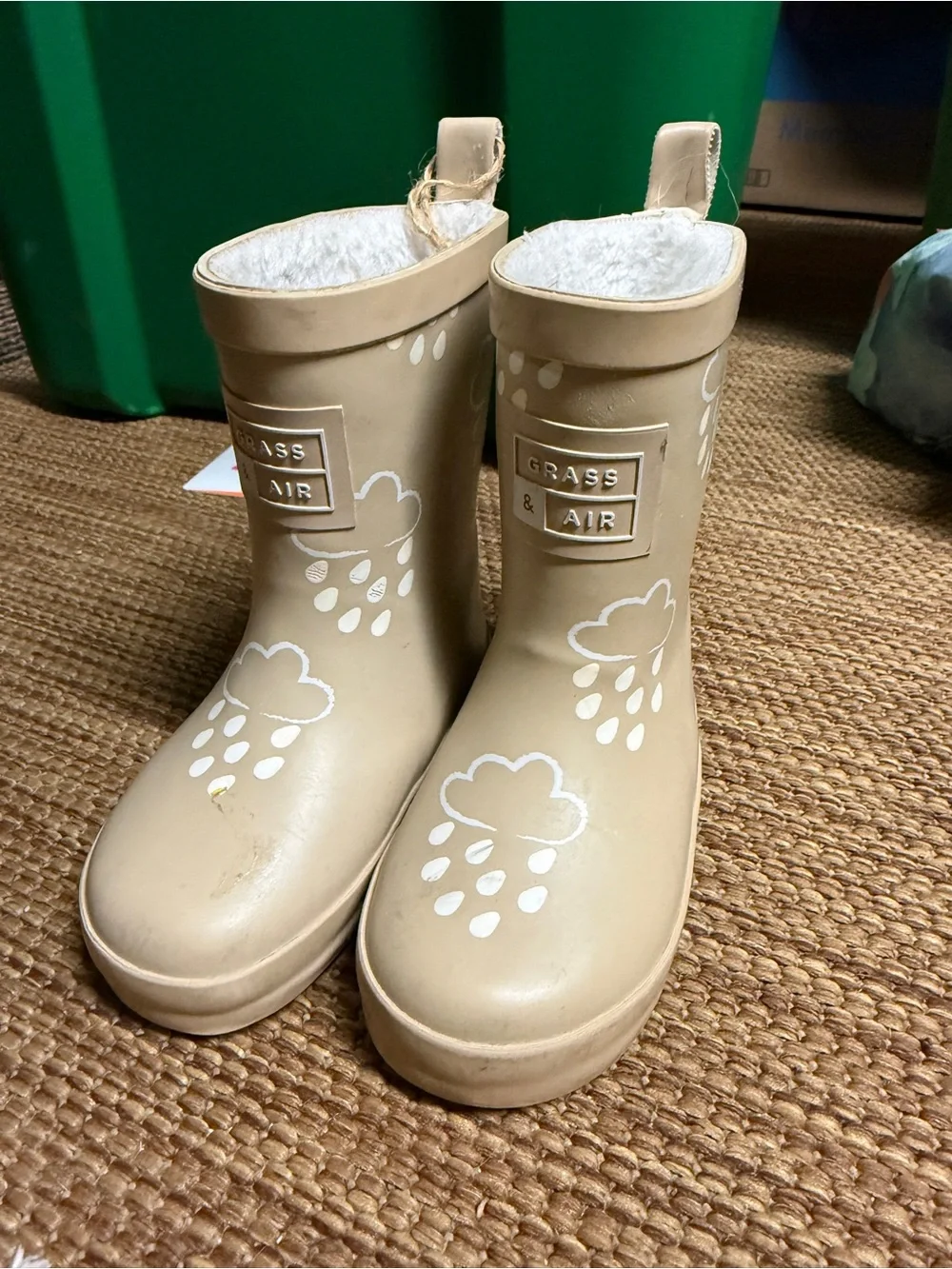 Kids Beige Rain Boots with Cloud Print and Fleece Lining